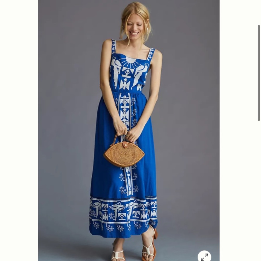 Farm Rio Square-Neck Embroidered Midi Dress